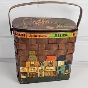 VTG 1971 lidded basket purse handpainted Kansas City sites Woolf Brothers